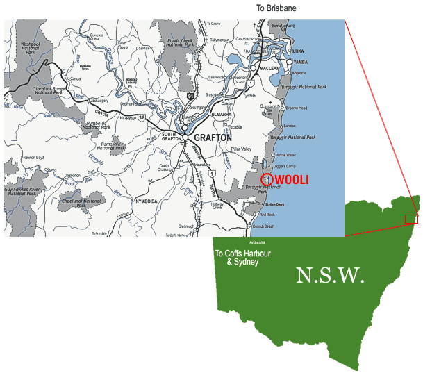 Wooli is located on the northern NSW coast between Coffs Harbour and Ballina Wooli is located on the northern NSW coast between Coffs Harbour and Ballina